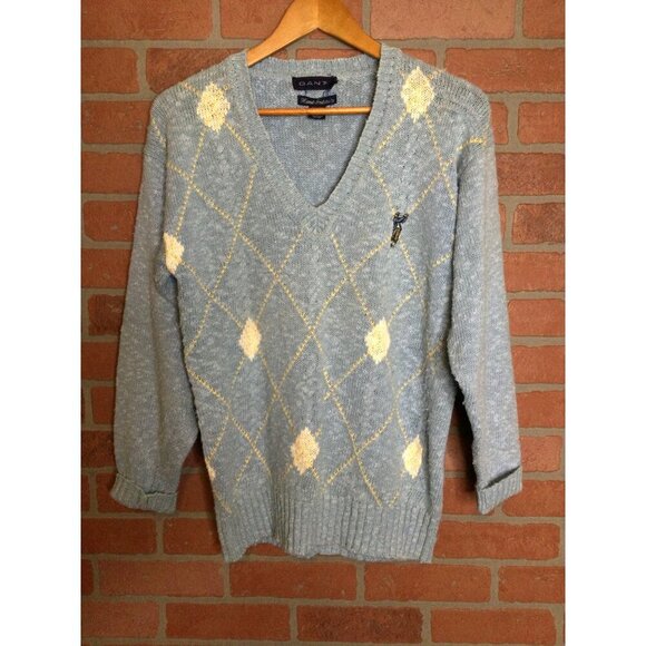 Vintage Golf Themed Grandpa Sweater Gant Silk Blend Argyle V-Neck Preppy - Picture 1 of 7